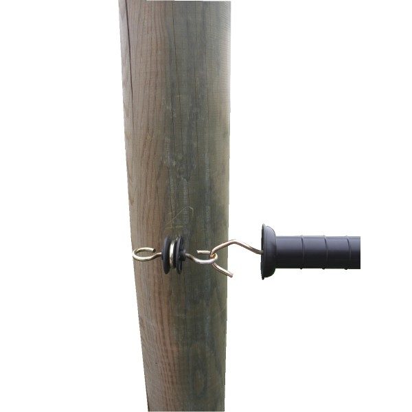 Izolator privit v leseni kol. Ima dve zanki za ročko električne ograje.