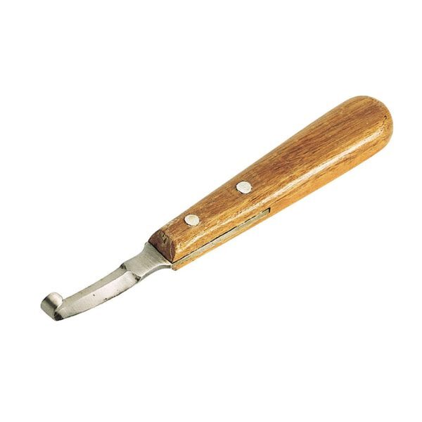 Nož za obrezovanje parkljev ovac in koz z dvostransko brušenim rezilom.